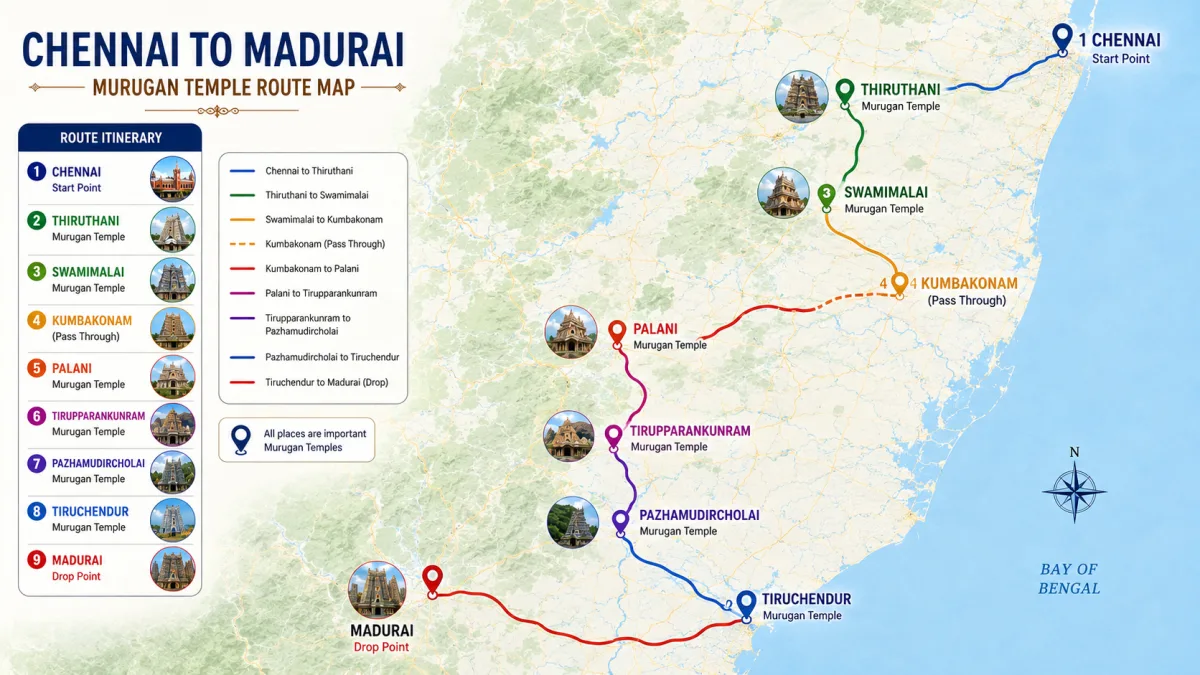 Arupadai Veedu temples list in order with six Murugan temples route map